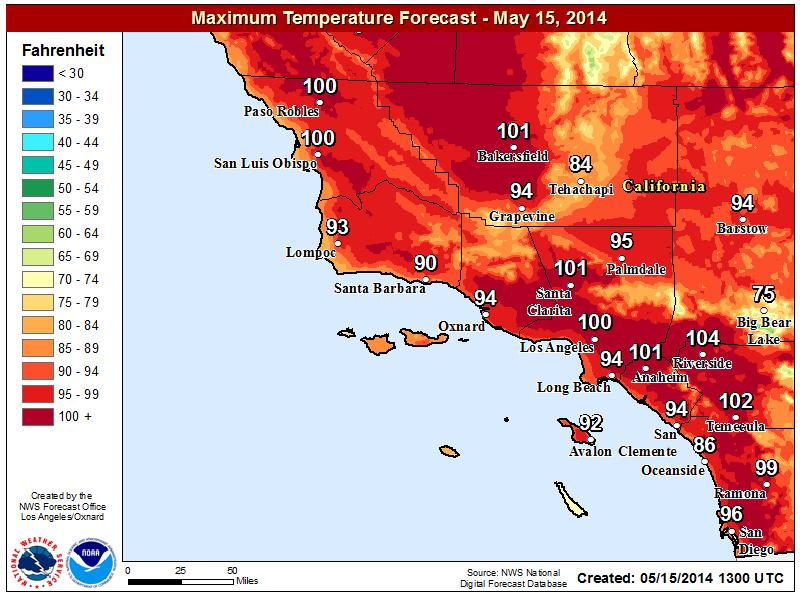 Los Angeles temperature map Map of Los Angeles temperature
