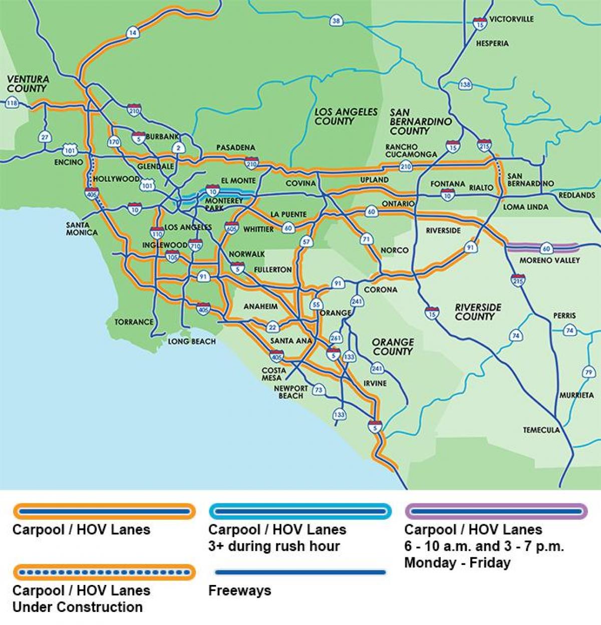 Los Angeles freeway carpool lanes map